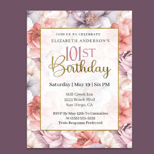 Elegant Coral and Lavender Peony 101st Birthday  Invitation