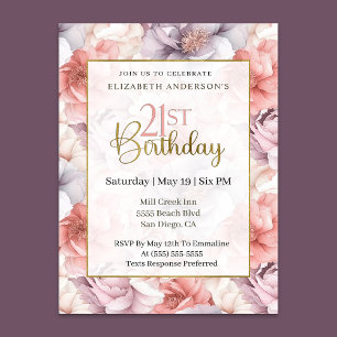 Elegant Coral and Lavender Peony 21st Birthday  Invitation