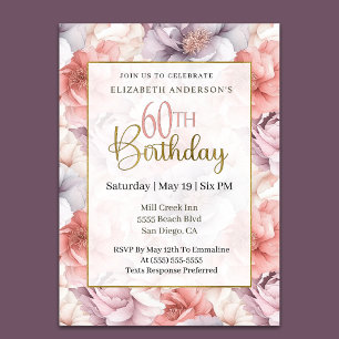 Elegant Coral and Lavender Peony 60th Birthday  Invitation