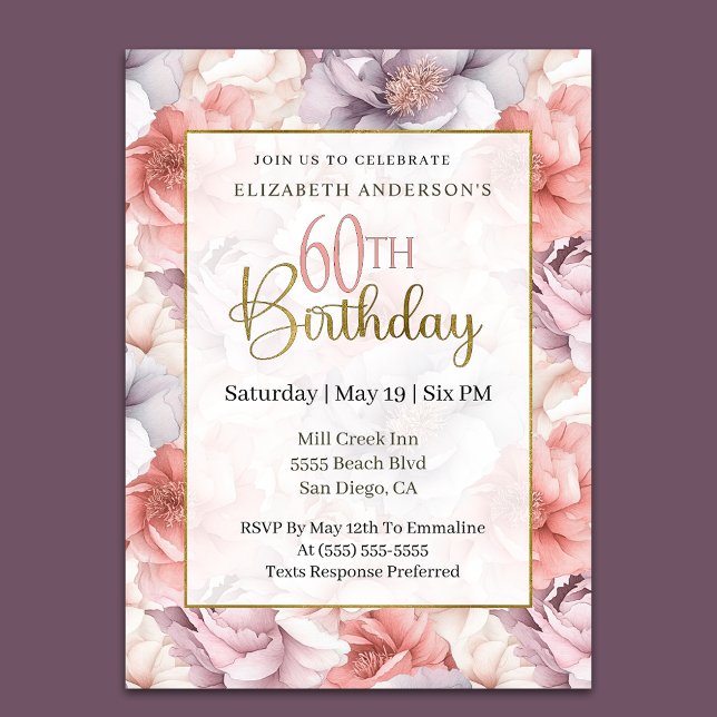 Elegant Coral and Lavender Peony 60th Birthday  Invitation (Creator Uploaded)