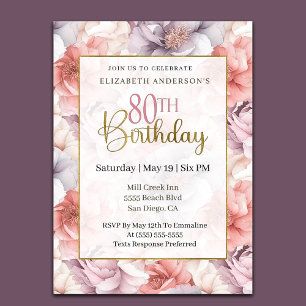 Elegant Coral and Lavender Peony 80th Birthday  Invitation