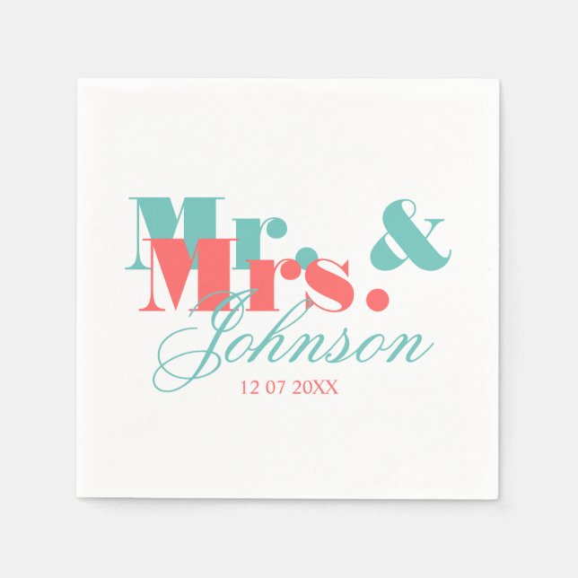 Elegant coral and mint Mr and Mrs wedding napkins (Front)