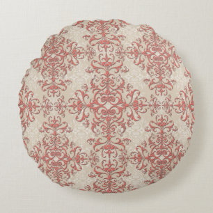 Elegant Coral and Off White Floral Damask Pattern Round Pillow