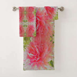 Elegant Coral and Pink Decorative Dahlia Bath Towel Set