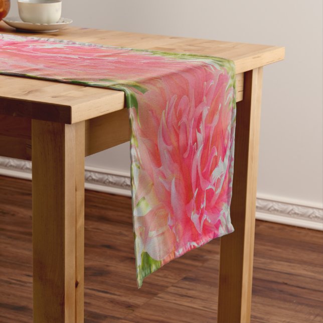 Elegant Coral and Pink Decorative Dahlia Short Table Runner (In Situ)