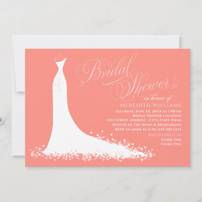 Elegant Coral and Pink Wedding Gown Bridal Shower Invitation (Front)