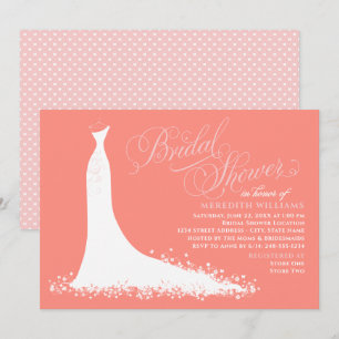 Elegant Coral and Pink Wedding Gown Bridal Shower Invitation