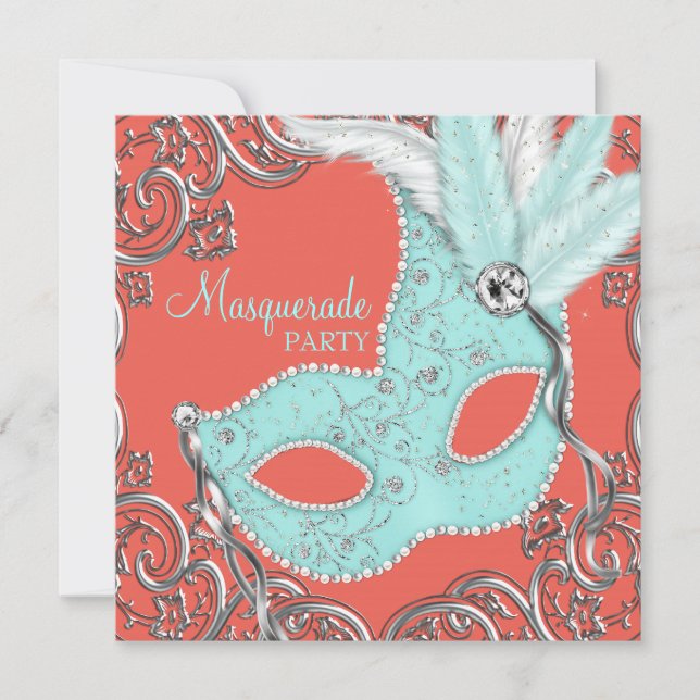 Elegant Coral and Teal Blue Masquerade Party Invitation (Front)