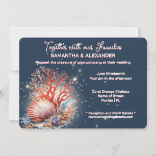 Elegant Coral Blue Beach Wedding Invitation