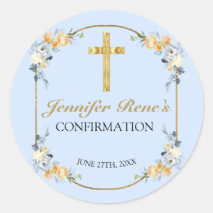 Elegant Coral & Blue Floral Gold Confirmation Classic Round Sticker