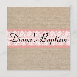 Elegant Coral Burlap Lace Baptism Invitation