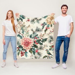 Elegant Coral Dahlia Holly Christmas Cream Fleece Blanket