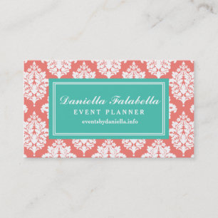 Elegant Coral Damask Personalized Business Card