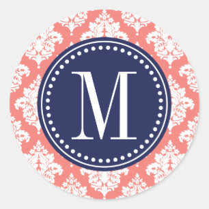 Elegant Coral Damask Personalized Classic Round Sticker
