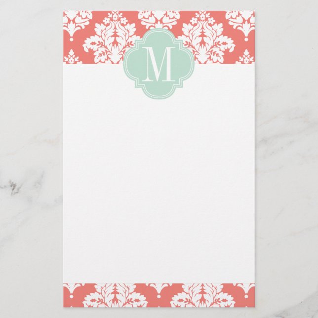 Elegant Coral Damask Personalized Stationery (Front)