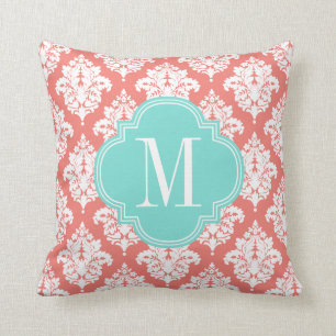 Elegant Coral Damask Personalized Throw Pillow