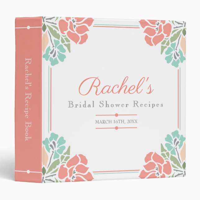 Elegant Coral Floral Bridal Shower Recipe Book Binder (Front/Spine)