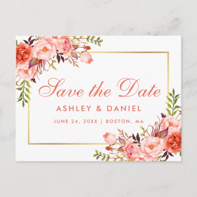 Elegant Coral Floral Gold Save the Date Announcement Postcard (Front)