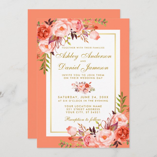 Elegant Coral Floral Gold Wedding Invitation (Front/Back)