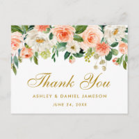 Elegant Coral Floral Gold Wedding Thank You