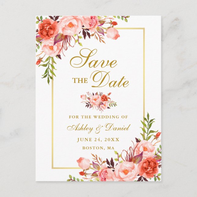 Elegant Coral Floral Save the Date Gold Announcement Postcard (Front)