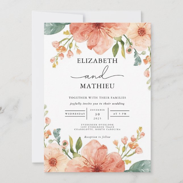 Elegant Coral Garden Floral Wedding Invitation (Front)