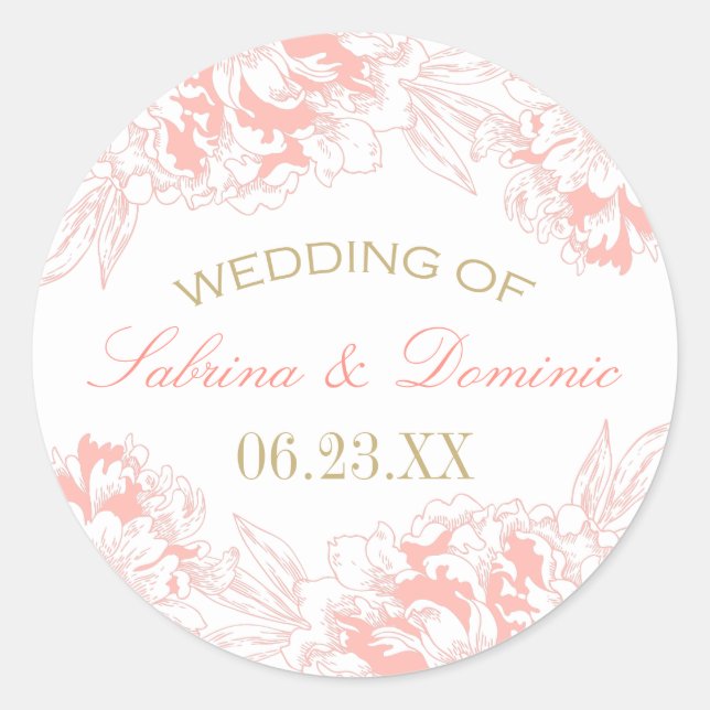 Elegant Coral Gold Floral Peony Wedding Monogram Classic Round Sticker (Front)