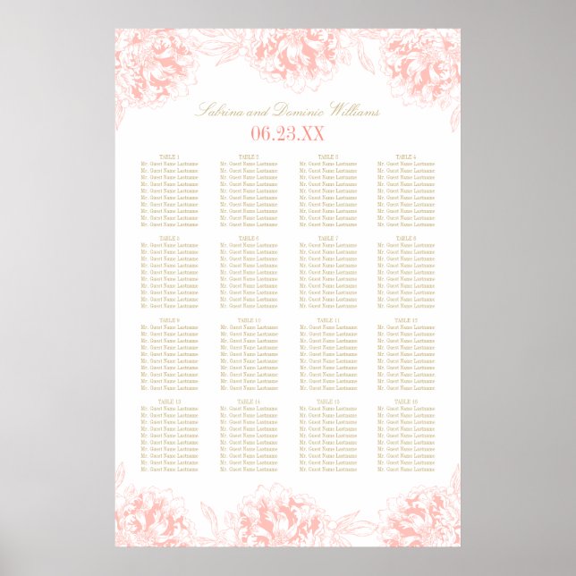 Elegant Coral Gold Floral Peony Wedding Seating Poster (Front)