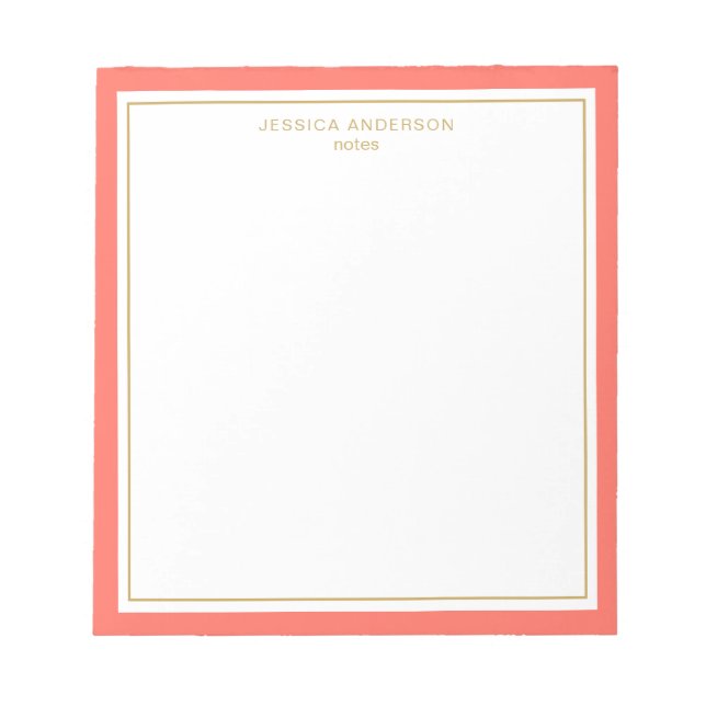 Elegant Coral Gold Personalized Notepad (Front)