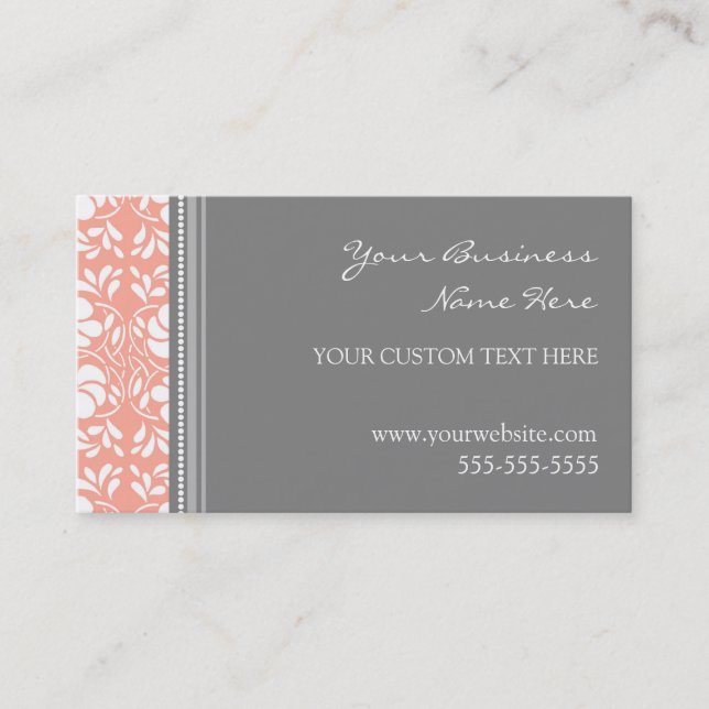 Elegant Coral Grey Damask Business Cards (Front)