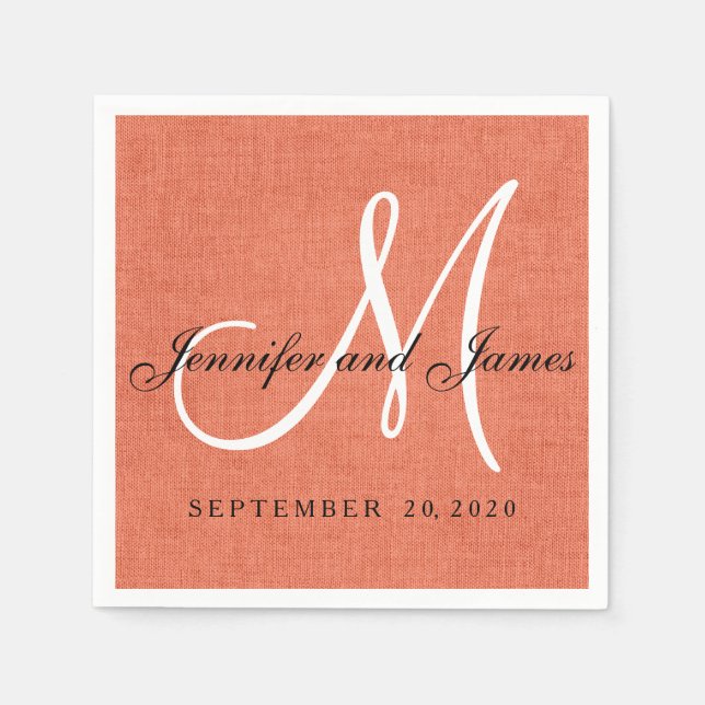 Elegant Coral Linen Monogram Wedding Paper Napkins (Front)