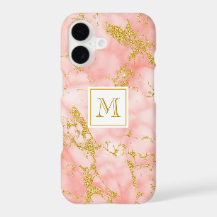 Elegant Coral Marble Monogram Faux Gold Glitter