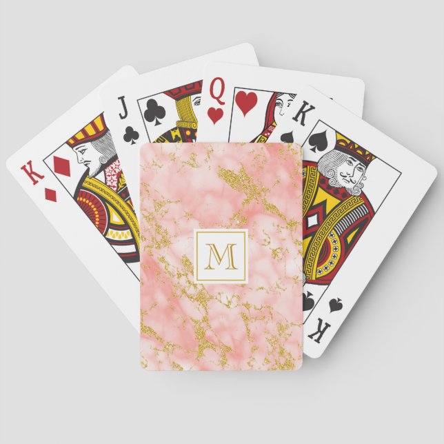 Elegant Coral Marble Monogram Faux Gold Glitter Playing Cards (Back)