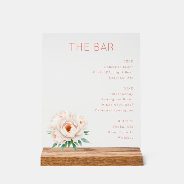 Elegant Coral Minimalist Bar Menu Acrylic Sign (Front)
