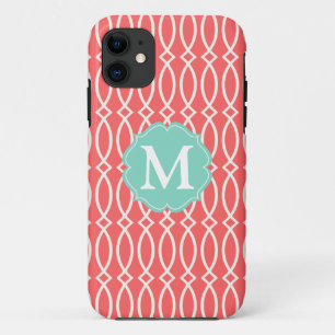 Elegant Coral Modern Trellis Personalized iPhone 11 Case