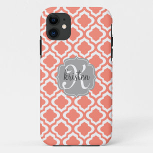 Elegant Coral Moroccan Quatrefoil Personalized iPhone 11 Case