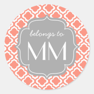Elegant Coral Moroccan Quatrefoil Personalized Classic Round Sticker