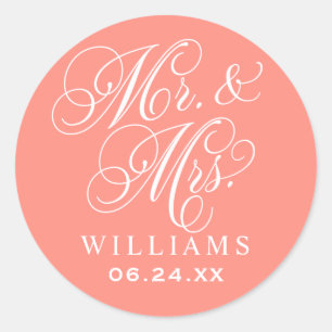 Elegant Coral Mr and Mrs Script Monogram Classic Round Sticker