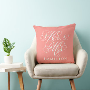 Elegant Coral Mr and Mrs Script Wedding Throw Pillow