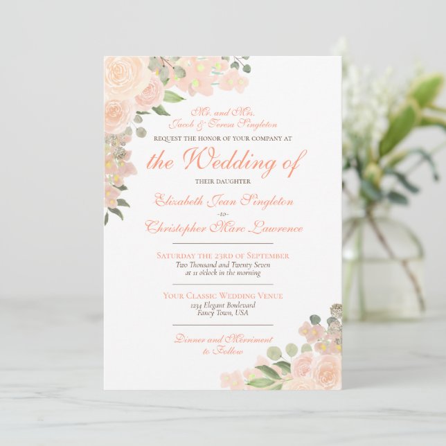 Elegant Coral Peach Boho Floral Formal Wedding Invitation (Standing Front)