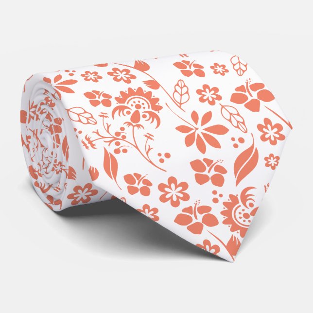 Elegant Coral Peach Tropical Flowers Tie (Rolled)