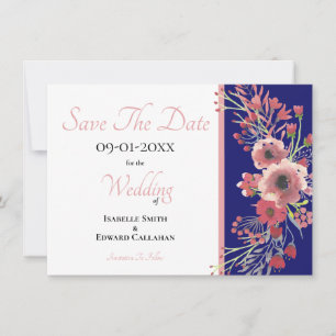 Elegant Coral Peony Floral Wreath on Navy Wedding Save The Date