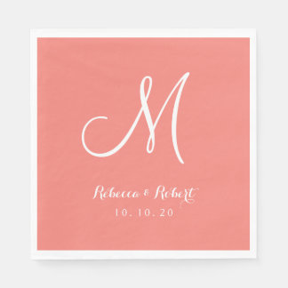 Elegant Coral Pink and White Monogram Paper Napkin