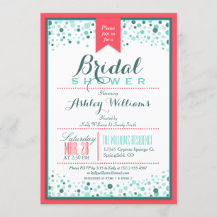 Elegant Coral Pink; Aqua Confetti Bridal Shower Invitation