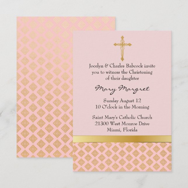 Elegant Coral Pink Baby Christening Invitation (Front/Back)