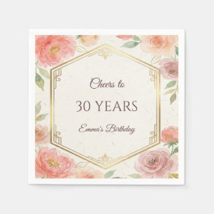 Elegant Coral Pink Floral Rose Gold 30th Birthday Napkin