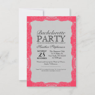 Elegant Coral Pink Lace Border & Slate Grey Invitation