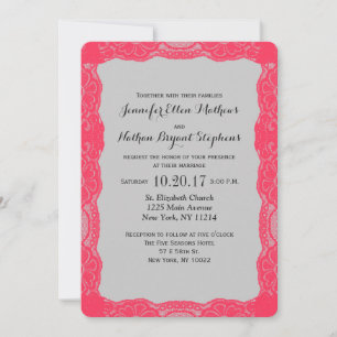 Elegant Coral Pink Lace Border & Slate Grey Invitation