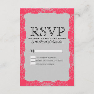 Elegant Coral Pink Lace Border & Slate Grey RSVP Card