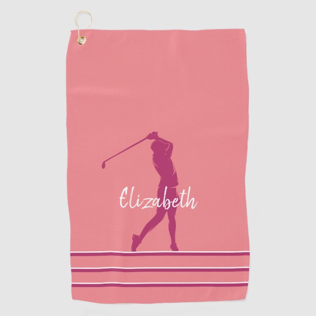 Elegant Coral Pink Magenta Golfer  Golf Towel (Front)